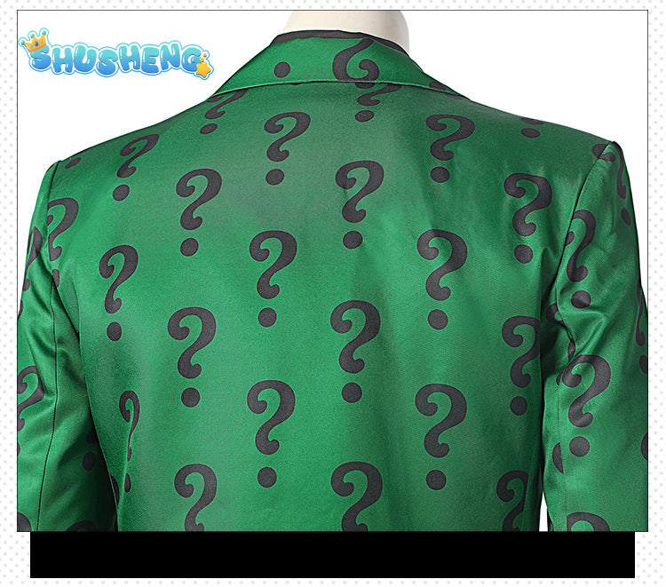 Men Riddler Cosplay Fantasy Movie Super Villain Costume Disguise Adult Boys Roleplay Fantasia Outfits Halloween Male Suits