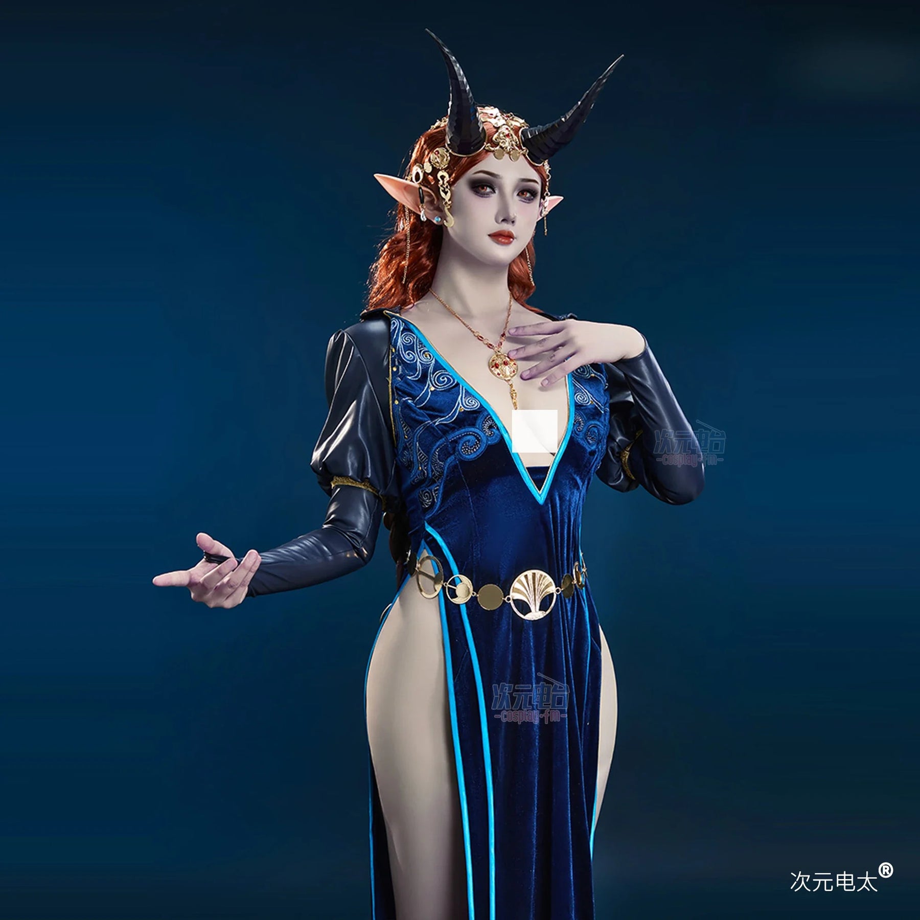 Baldur's Gate 3 Mizora Cambion Cospaly Costume Deep blue sexy woman long dress necklace waist chain socks headwear Halloween set
