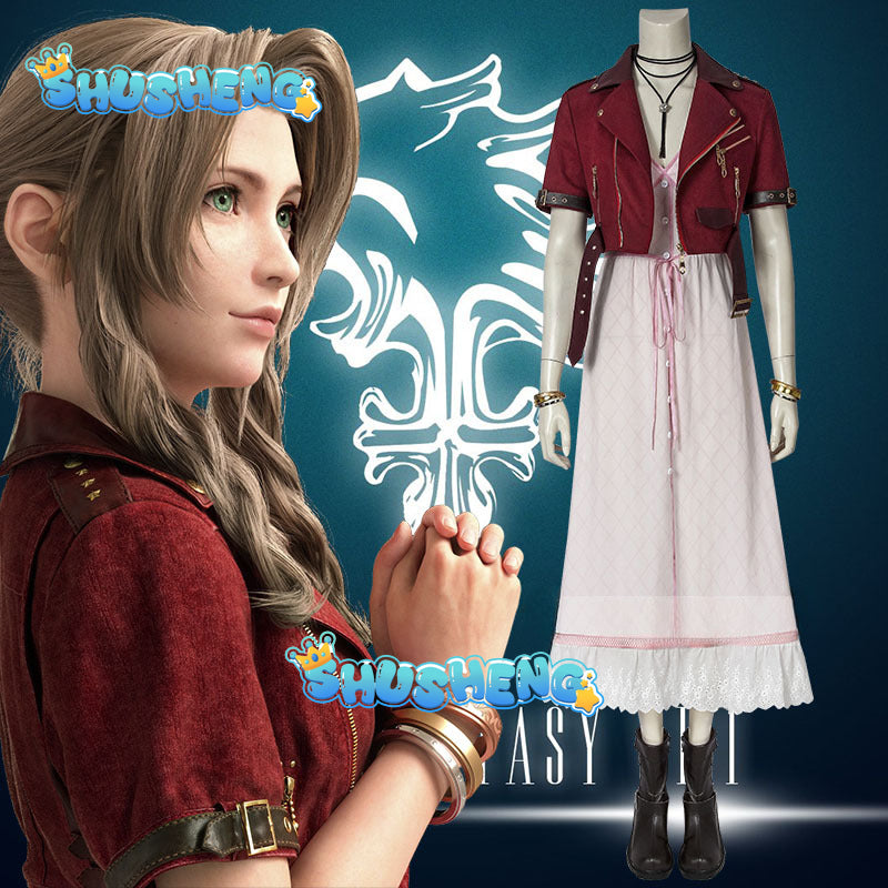 Final Fantasy VII Aerith Gainsborough Costume Cosplay Final Fantasy Remake Halloween Outfit Fancy Women Red Jacket Pink Dress