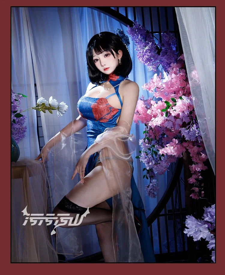 Azur Lane Chien Wu cosplay costume Halloween carnival blue Chinese style qipao Woman sexy dress uniform suit wig set