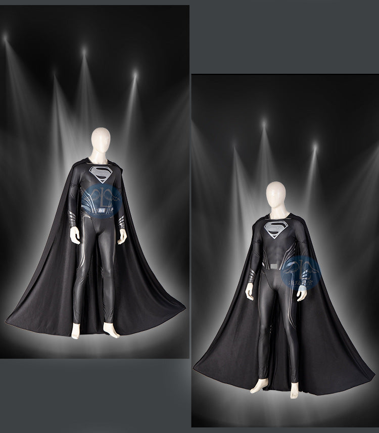 New Clark Kent Cosplay Costume Black Jumpsuit Cloak Super Hero Set Custom Made