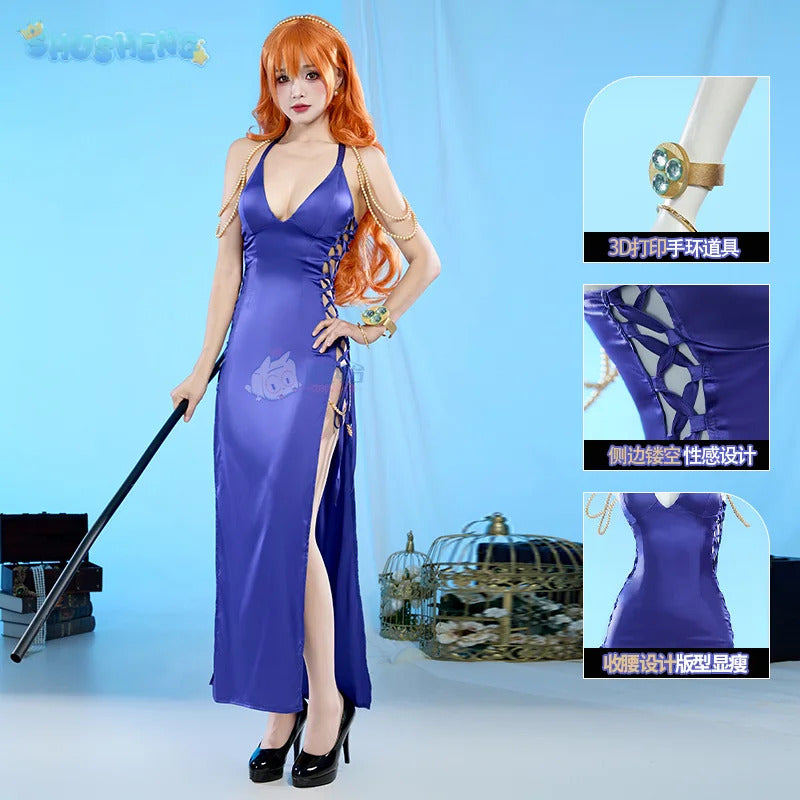 one piece nami purple dress OP Nami Cosplay Costume Dress with Earrings Pearl Chain
