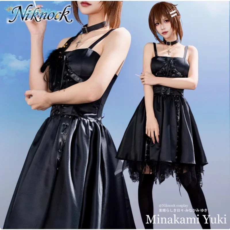 Wonderful Everyday Down the Rabbit-Hole Minakami Yuki cosplay costume Halloween sexy black dress socks necklace props uniform