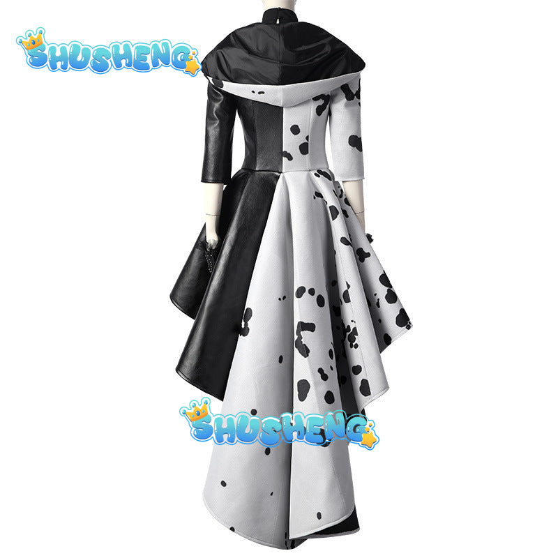 Cruella Costume Cosplay Cruella de Vil Evil Queen Black White Coat Evening Party Dress Fashion Emma Magic Performance Oufit