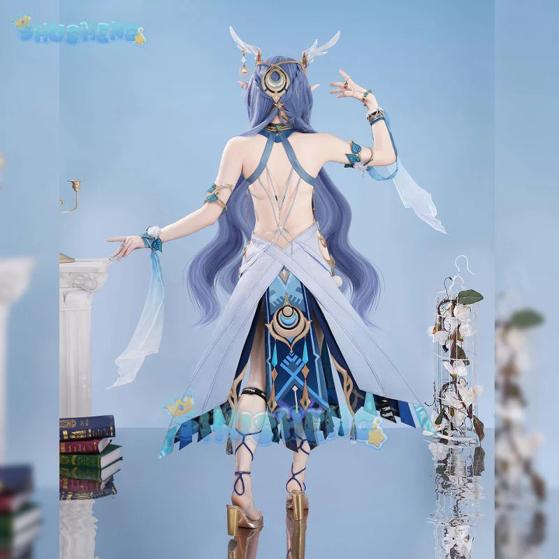 Genshin Impact Lauma Cosplay Costume Dress Uniform Headwear Earrings Frostmoon Scions Halloween Party for Women Girls