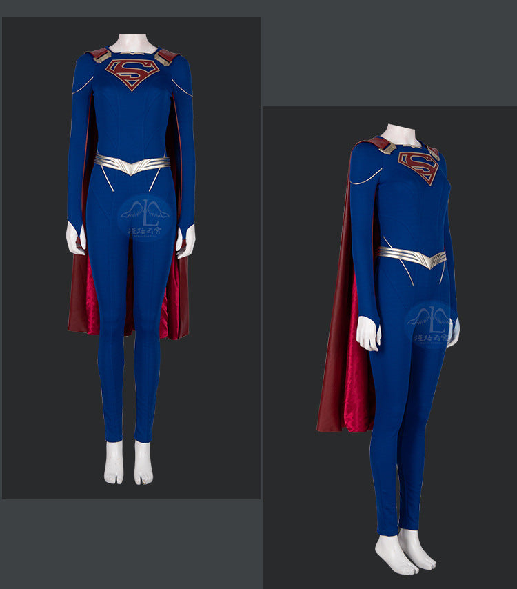 Superhero Cosplay Blue Bodysuit SuperWomen Zentai Costumes Womloak SuperGirl Cos Jumpsuit Rompers Aldult Outfits Role Play