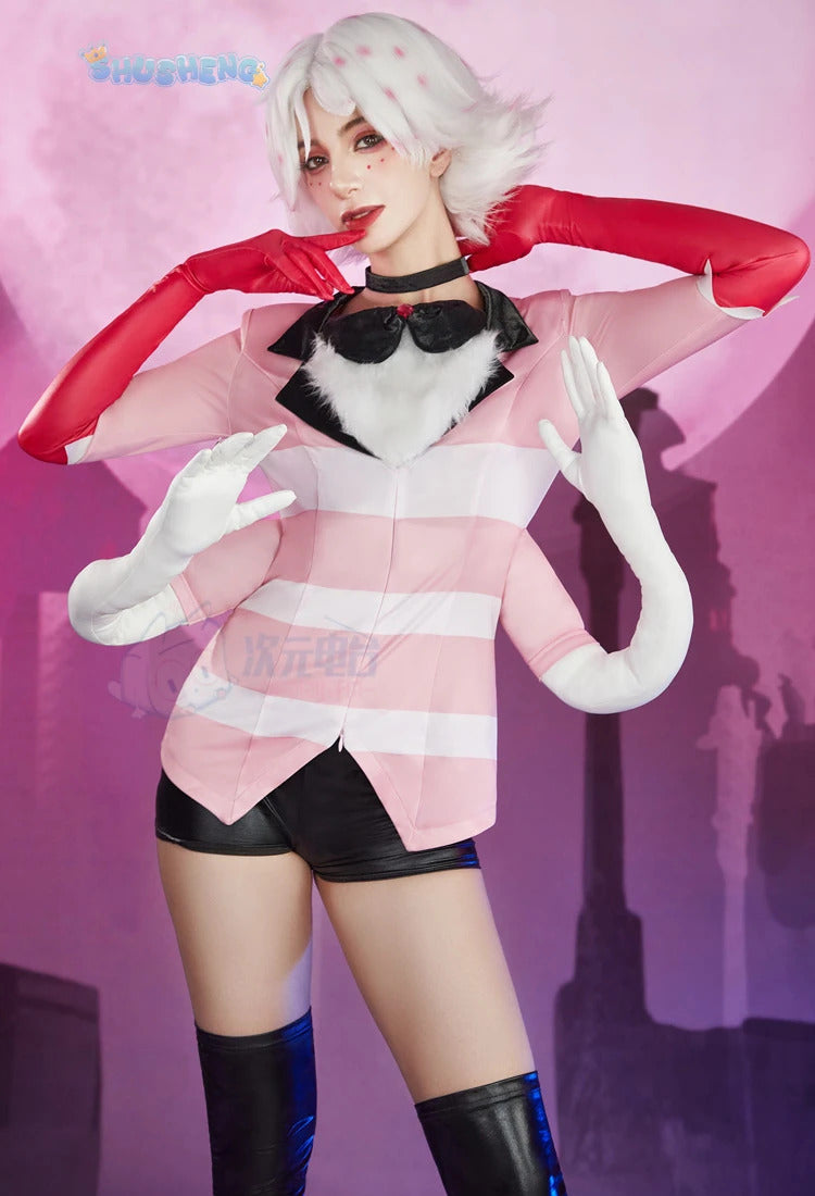 Angel Dust Cosplay Fantasy Wigs Cartoon Hell Inn Disguise Costume Gloves Bow Tie Pink Outfit Women Halloween Roleplay