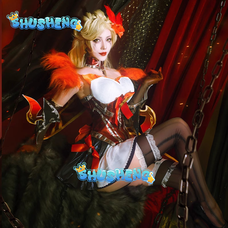 Game LOL Western Magic Shadow Evelynn Cosplay Costume LOL High Noon Evelynn Costume Women Orange Dress Full Set