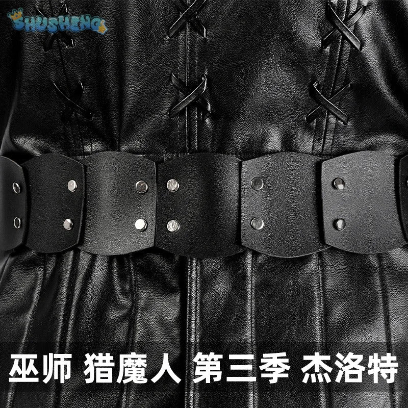 Geralt Witcher 3 Wild Hunt Cosplay Geralt Costume Men Handsome Black Leather Coat Belt Gloves Party Halloween Uniform Full Set