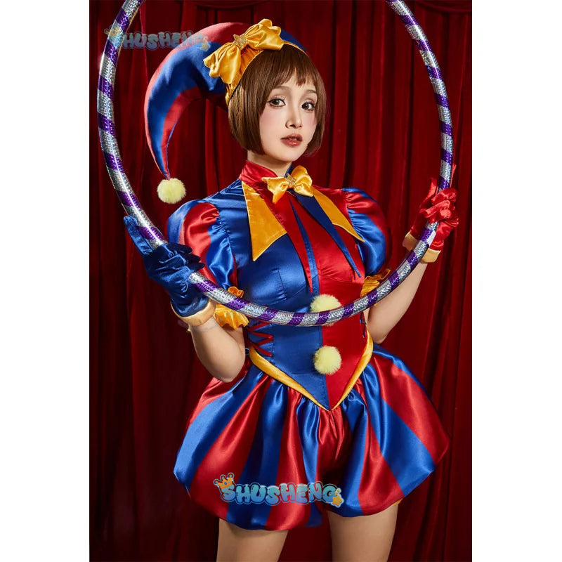Adult Digital Circus Cosplay Costumes Pomni Cosplay Masks Set Hat Jumpsuit Cartoon Christmas Halloween Party Cute Clown wig set