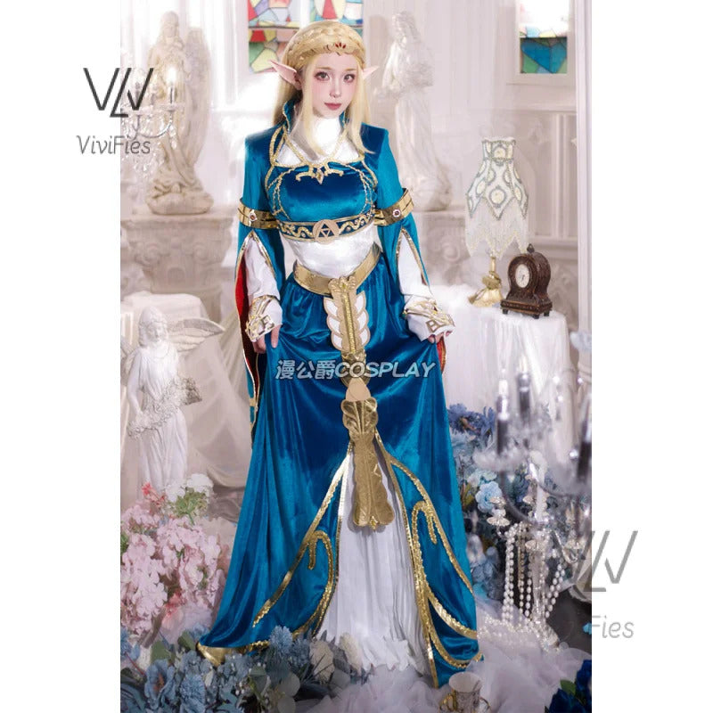 Blue velvet princess dress Zelda cosplay costume woman top skirt outfit full set and wig are sold custom size