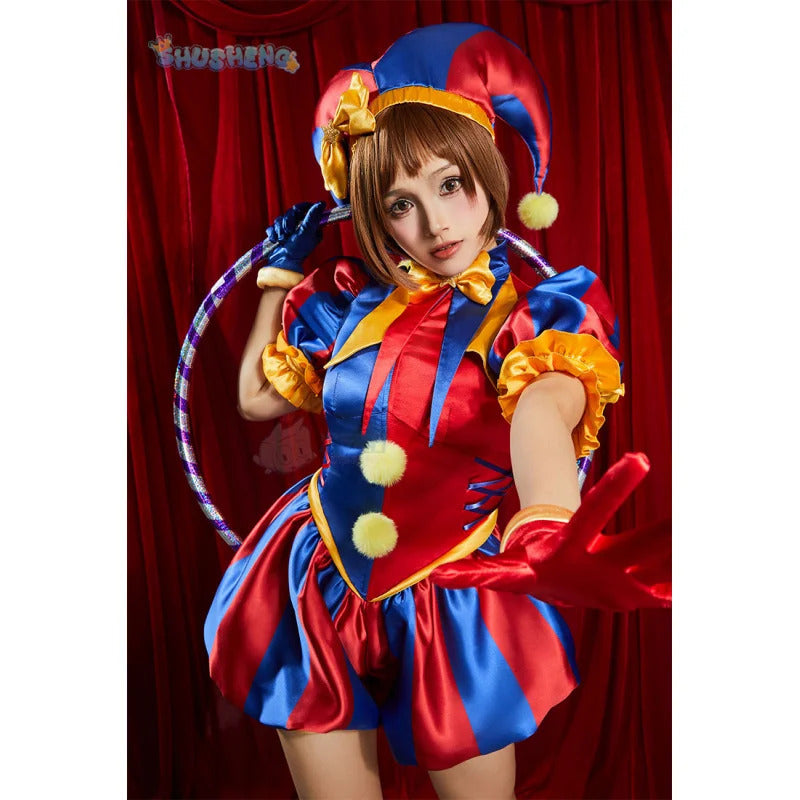 Adult Digital Circus Cosplay Costumes Pomni Cosplay Masks Set Hat Jumpsuit Cartoon Christmas Halloween Party Cute Clown wig set