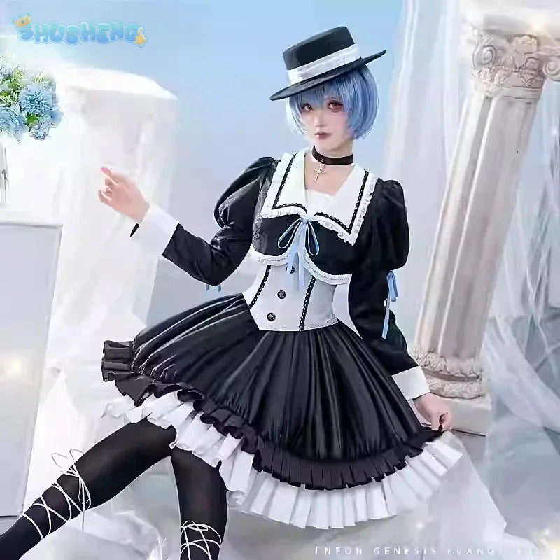 Shusheng-R Anime EVA New Ayanami Rei Cosplay Costume Halloween Party Sweet Lolita dress hat socks necklace prop set men women uniforms