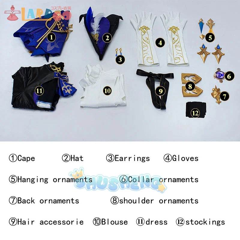 Clorinde Cosplay Kostüm Perücke Hut Spiel Genshin Impact Fontaine Champion Duelist Furinas Leibwächter Ohrringe Umhang Kleid
