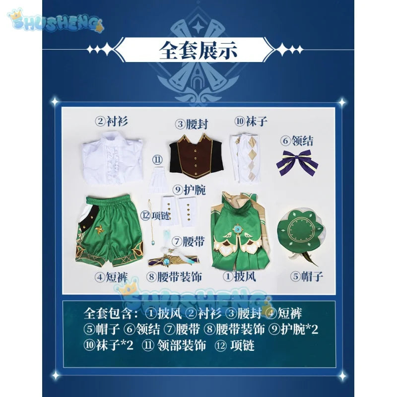 Genshin Impact Cosplay Venti Kostüm Partykleid mit Perücke Erwachsene Frauen Halloween Karneval Cos Kleidung Outfit