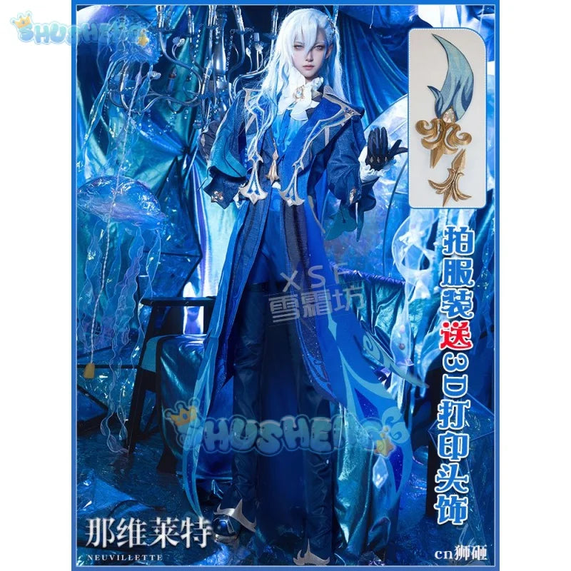 Genshin Impact Fontaine Neuvillette Cosplay-Kostüm, Anime-Spiel, Cos, Wasserfiguren, Uniform, kompletter Satz