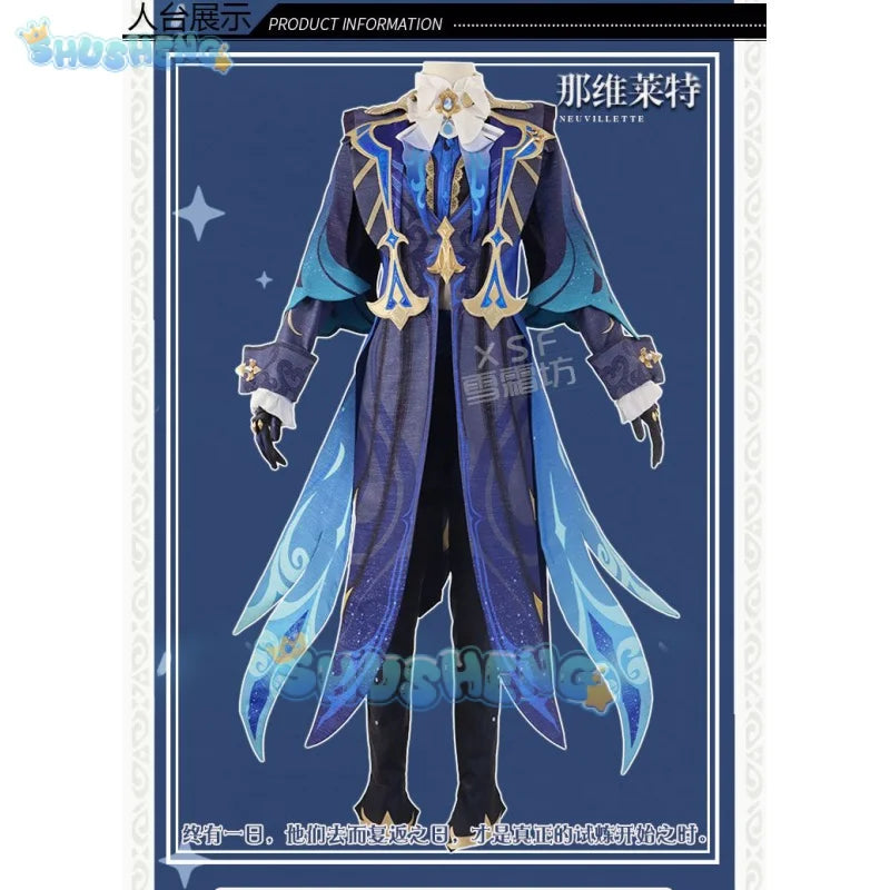 Genshin Impact Fontaine Neuvillette Cosplay-Kostüm, Anime-Spiel, Cos, Wasserfiguren, Uniform, kompletter Satz