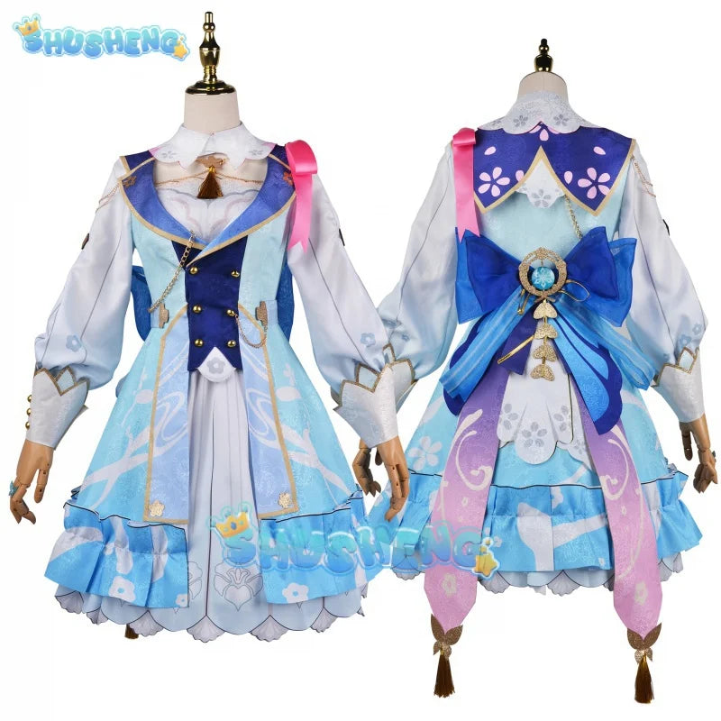 Genshin Impact Kamisato Ayaka Skin Cosplay Kostüm Springbloom Missive Kleid Hut Perücke Uniform Set