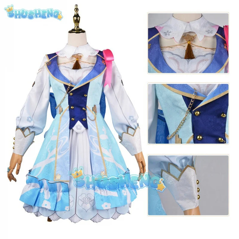 Genshin Impact Kamisato Ayaka Skin Cosplay Kostüm Springbloom Missive Kleid Hut Perücke Uniform Set