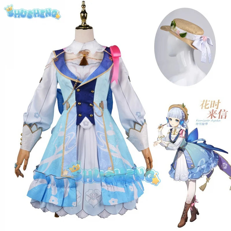 Genshin Impact Kamisato Ayaka Skin Cosplay Kostüm Springbloom Missive Kleid Hut Perücke Uniform Set