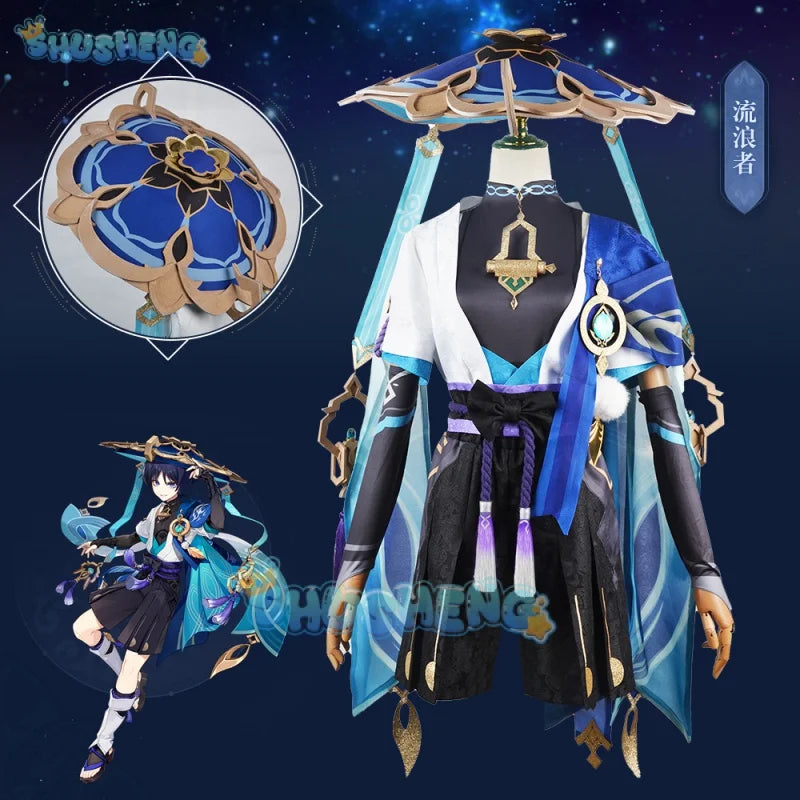 Genshin Impact Kunikuzushi Wanderer Cosplay-Kostüm und Wanderer-Perücke, Wanderer-Schuh