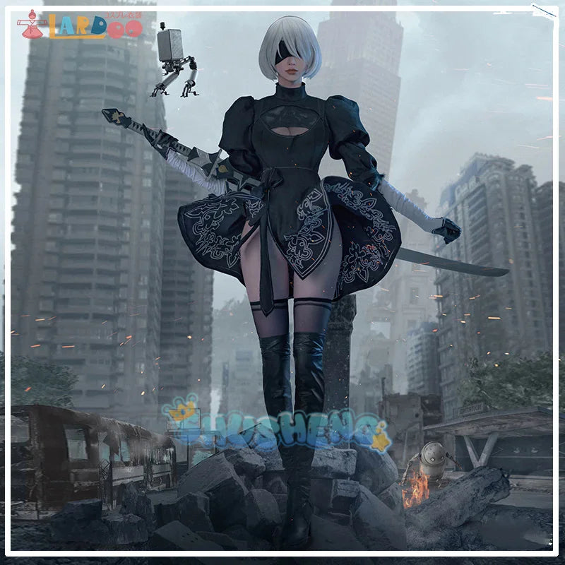 Nier Automata Yorha 2B Cosplay-Anzug, Anime-Kostüm für Frauen, Kostümset, ausgefallenes Halloween-Mädchen-Party, schwarzes Kleid