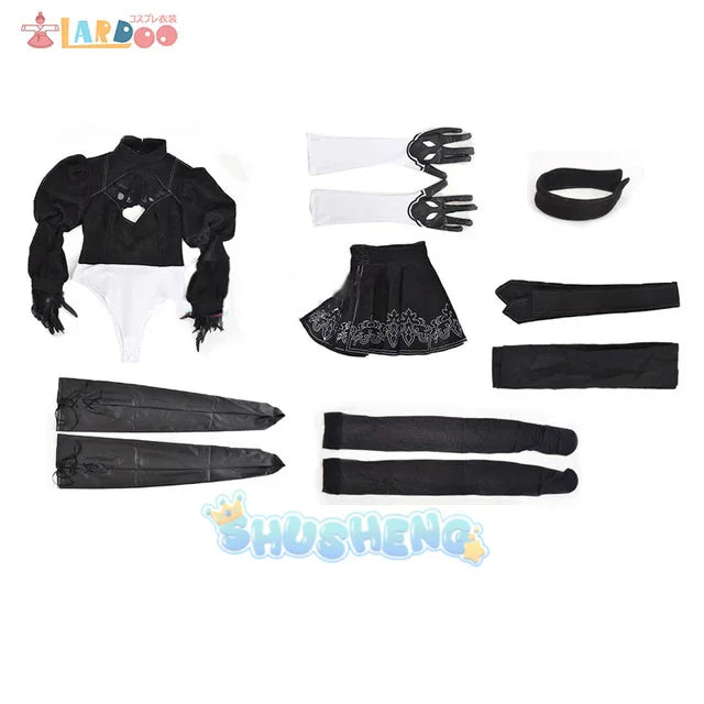 Nier Automata Yorha 2B Cosplay-Anzug, Anime-Kostüm für Frauen, Kostümset, ausgefallenes Halloween-Mädchen-Party, schwarzes Kleid