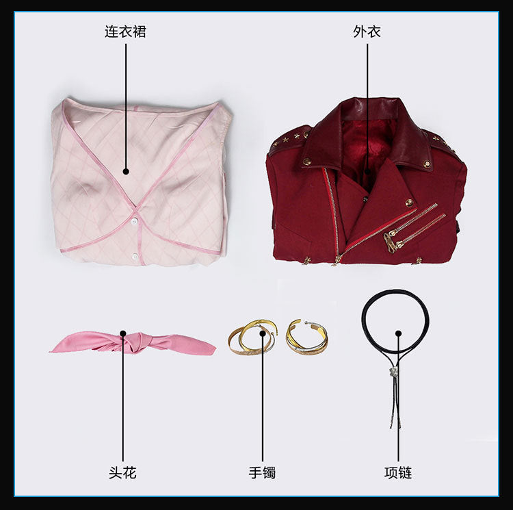 Final Fantasy VII Aerith Gainsborough Costume Cosplay Final Fantasy Remake Halloween Outfit Fancy Women Red Jacket Pink Dress
