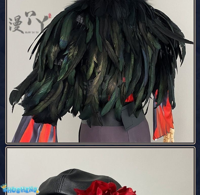 Identity V Edgar Valden Painter Multi-Colour Printing Cosplay Costume Exaggerated Feather Suit Hat Set Role-play Wig Shoe Outfit