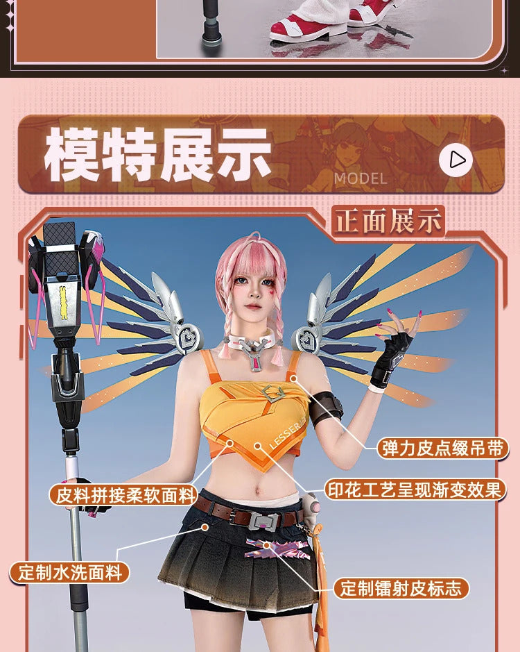 Overwatch Mercy Angela Ziegler Cosplay Linkage girl grou Costume Halloween Party Sweet Women Uniform Wig Props Accessories Set