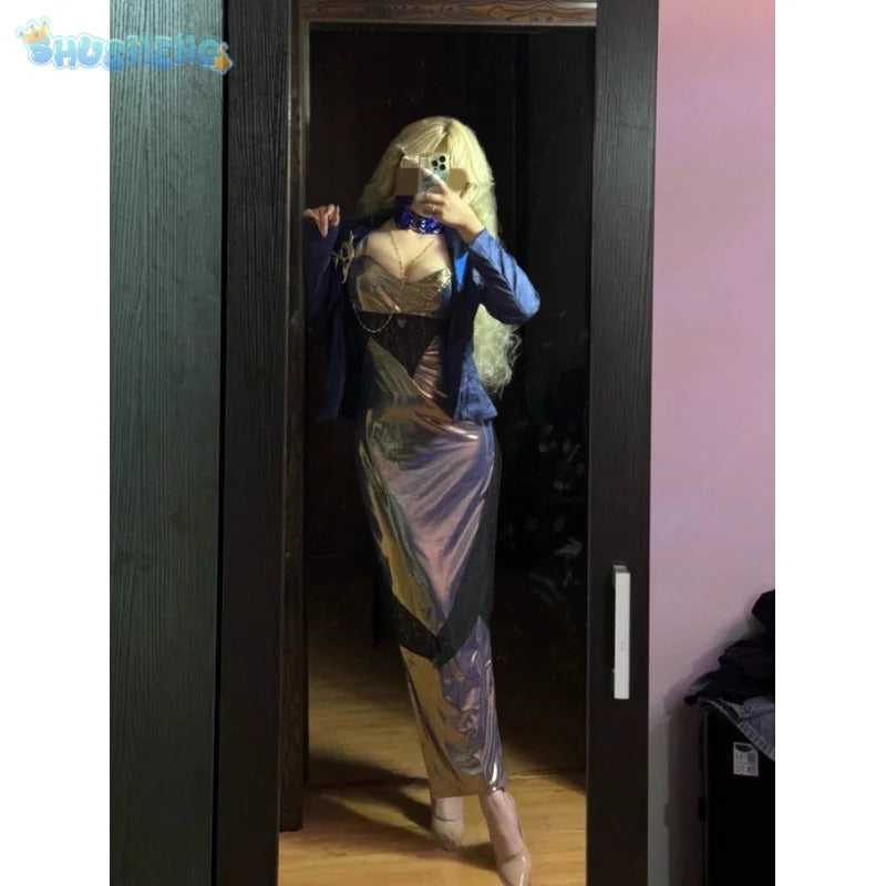 Path to Nowhere Blue Eagle Cospaly Blue vulture Costume Dress, coat, necklace, wig, prop set Halloween sexy women's uniform
