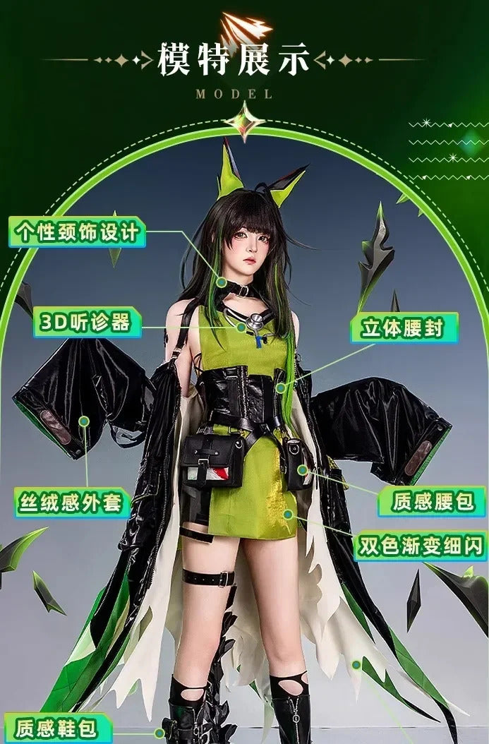 Arknights Mon3tr Cosplay Costume M3 Uniform Black Green Outfit Headwear Rhodes Island Halloween Party for Women Girls Props
