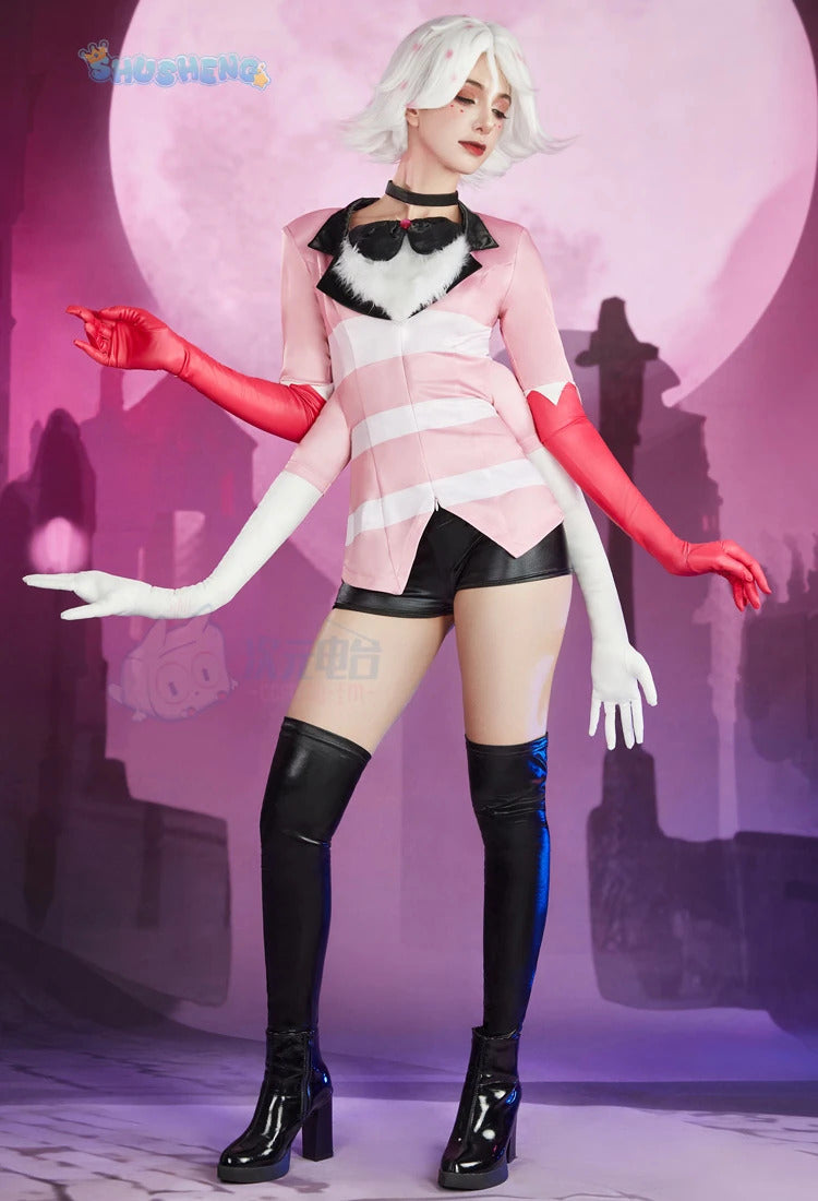 Angel Dust Cosplay Fantasy Wigs Cartoon Hell Inn Disguise Costume Gloves Bow Tie Pink Outfit Women Halloween Roleplay