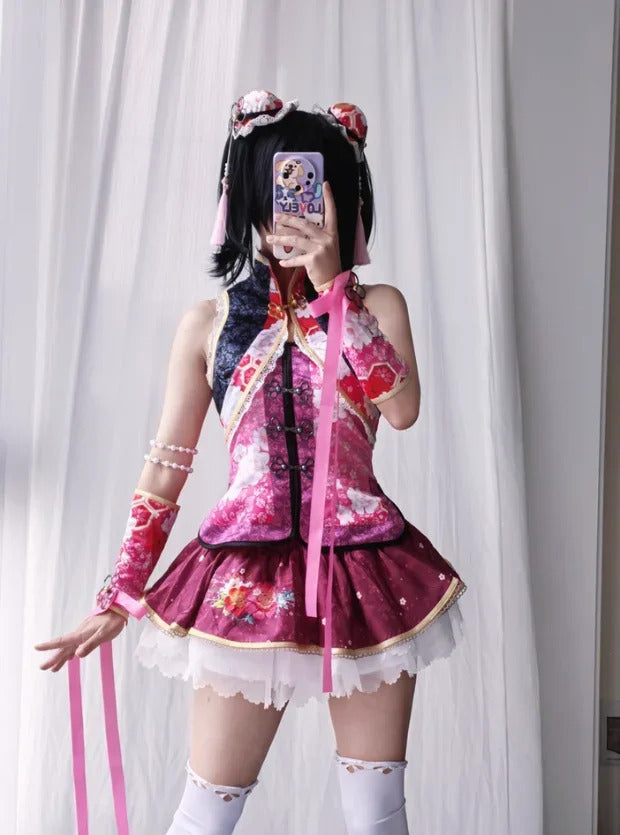 Anime LoveLive! Nico Yazawa Cosplay Nico Costume Women Chinese cheongsam vest bracelet headband socks set Halloween sweet dress