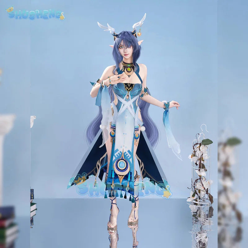 Genshin Impact Lauma Cosplay Costume Dress Uniform Headwear Earrings Frostmoon Scions Halloween Party for Women Girls