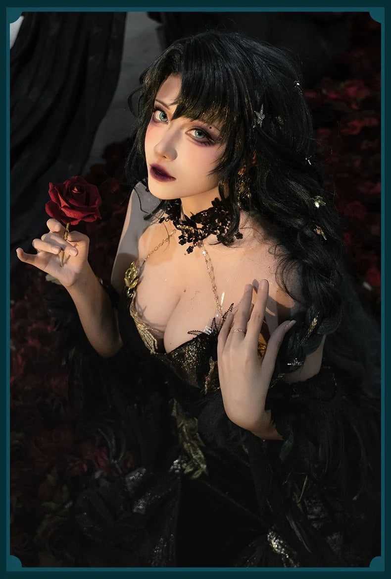 Path to Nowhere Raven MBCC-S-074 Cosplay Black glue gift box Costume Halloween Black Dress Necklace Props Wig Women's Sexy Set