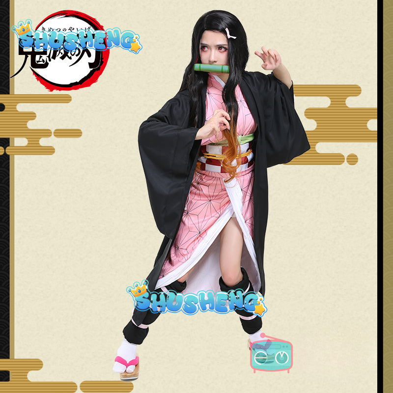 Anime Kamado Nezuko Cosplay Costume Kimono Devil Hunter Kamado Nezuko Costume Wig Womens Girls Kimono Uniform Clothes