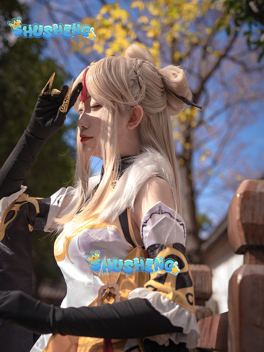 Ningguang Genshin Impact Cosplay Costume Wig Anime Game Ning Guang Cosplay Halloween Party Outfit for Women Girls