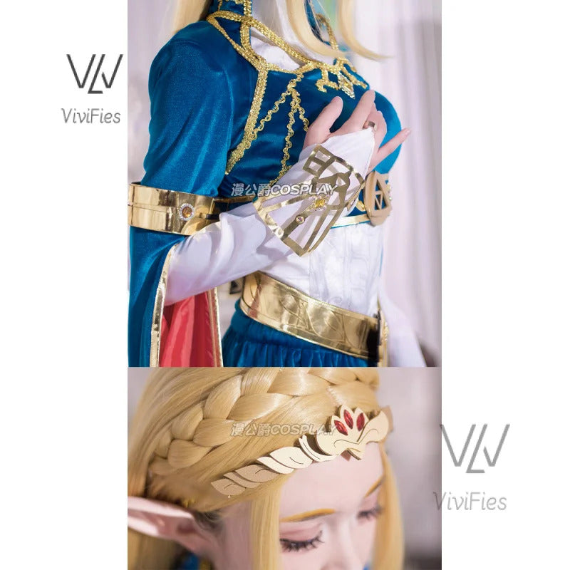 Blue velvet princess dress Zelda cosplay costume woman top skirt outfit full set and wig are sold custom size