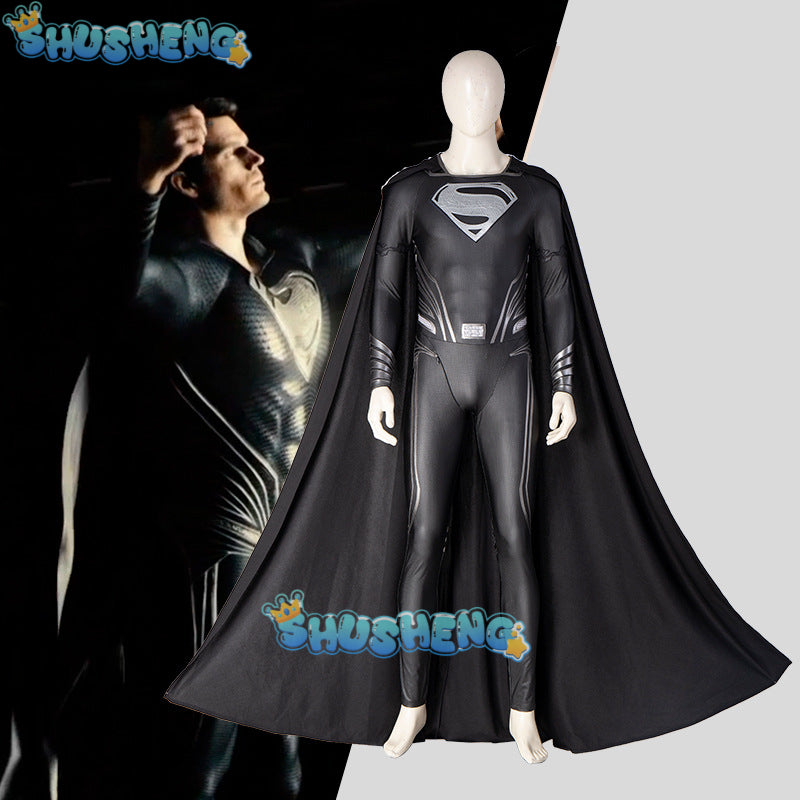 New Clark Kent Cosplay Costume Black Jumpsuit Cloak Super Hero Set Custom Made
