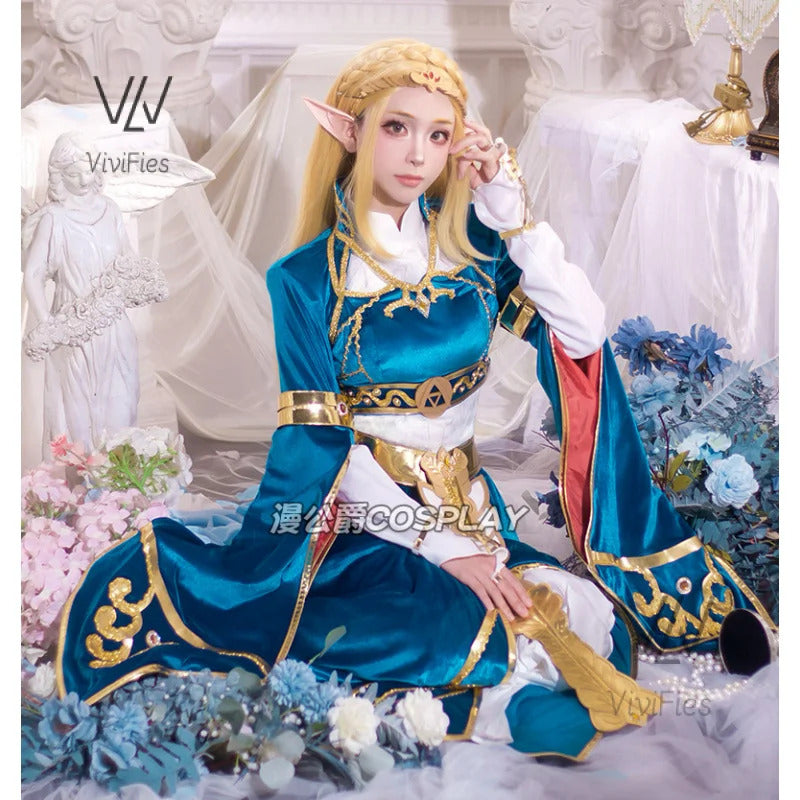 Blue velvet princess dress Zelda cosplay costume woman top skirt outfit full set and wig are sold custom size