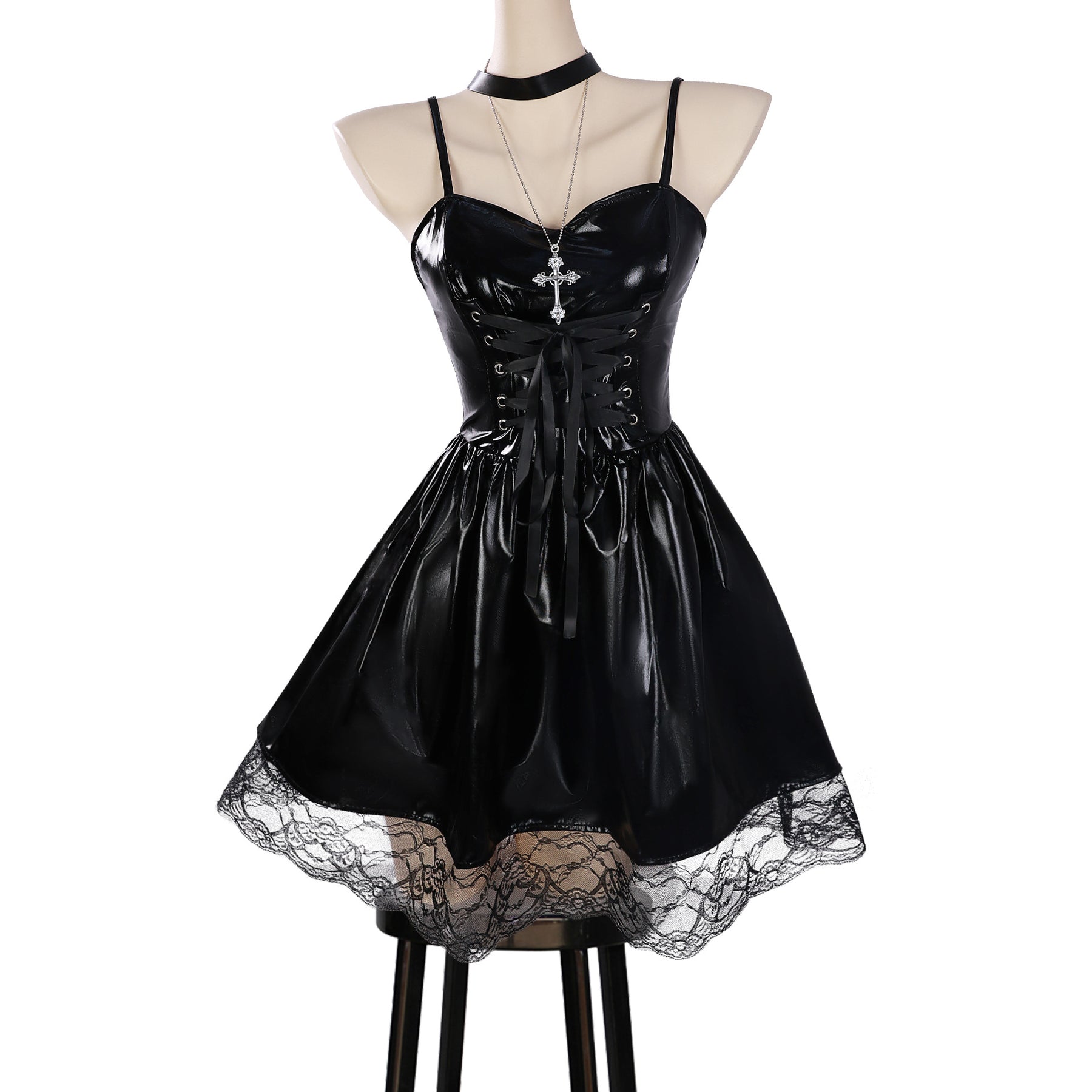 Anime Death Note Misa Amane Cosplay Costume Wig Imitation Leather Sexy Dress Necklace Lace Sleeves Stocking