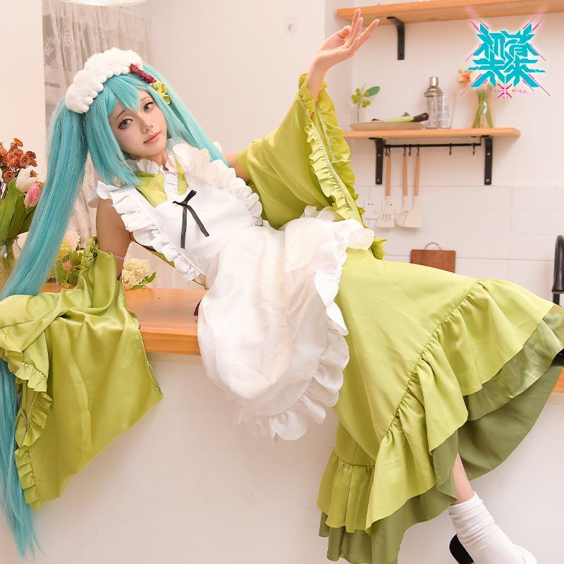 New Mikuu Matcha Sakura Green Cosplay Costume Parfait Apron Long and Wide Sleeved Dress Girl Kimono Wig Women Birthday Party Gift