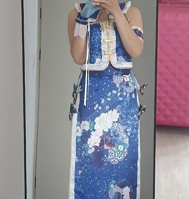 Anime Sonoda Umi LoveLive! Cosplay Costume Women Halloween Carnival New Chinese Blue Cheongsam Dress Party Prop Uniform Set