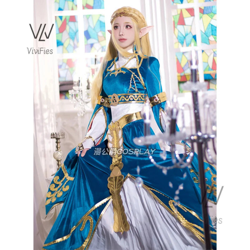 Blue velvet princess dress Zelda cosplay costume woman top skirt outfit full set and wig are sold custom size