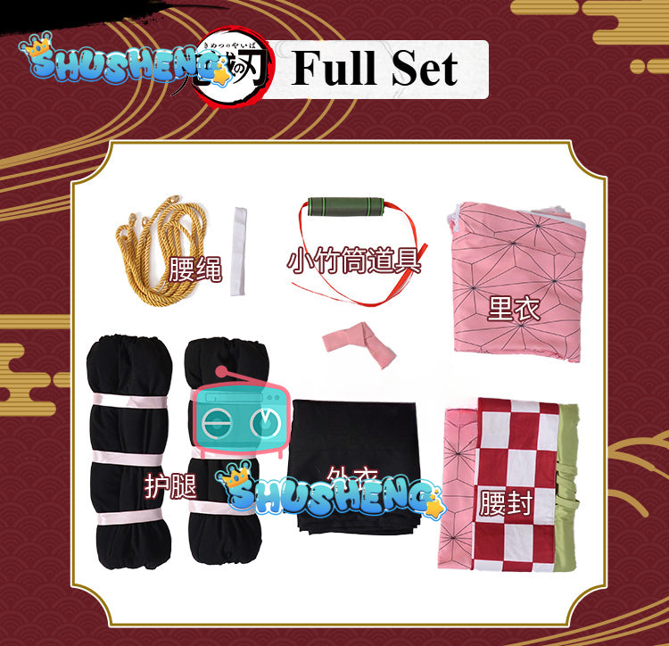 Anime Kamado Nezuko Cosplay Costume Kimono Devil Hunter Kamado Nezuko Costume Wig Womens Girls Kimono Uniform Clothes
