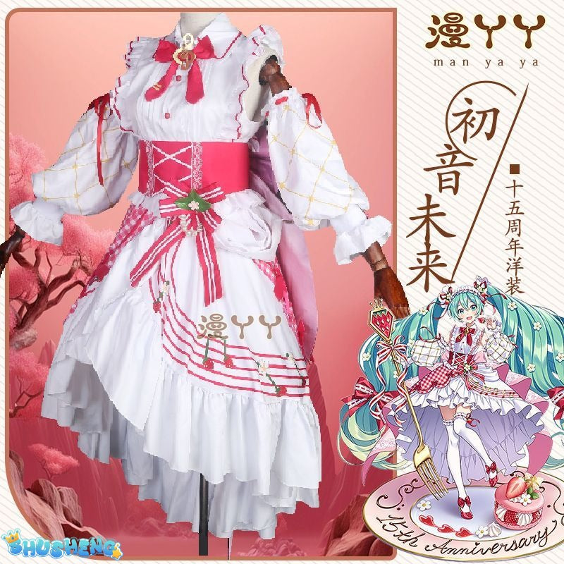 Anime Strawberry Miku 15th Anniversary Cosplay Costume Miku Lovely Lolita Dress Women Halloween Uniform Party Fancy Dress