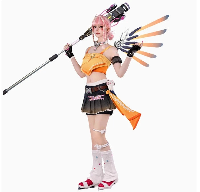 Overwatch Mercy Angela Ziegler Cosplay Linkage girl grou Costume Halloween Party Sweet Women Uniform Wig Props Accessories Set