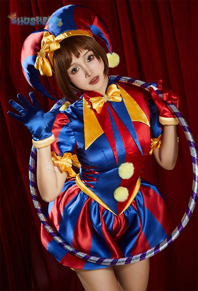 Adult Digital Circus Cosplay Costumes Pomni Cosplay Masks Set Hat Jumpsuit Cartoon Christmas Halloween Party Cute Clown wig set