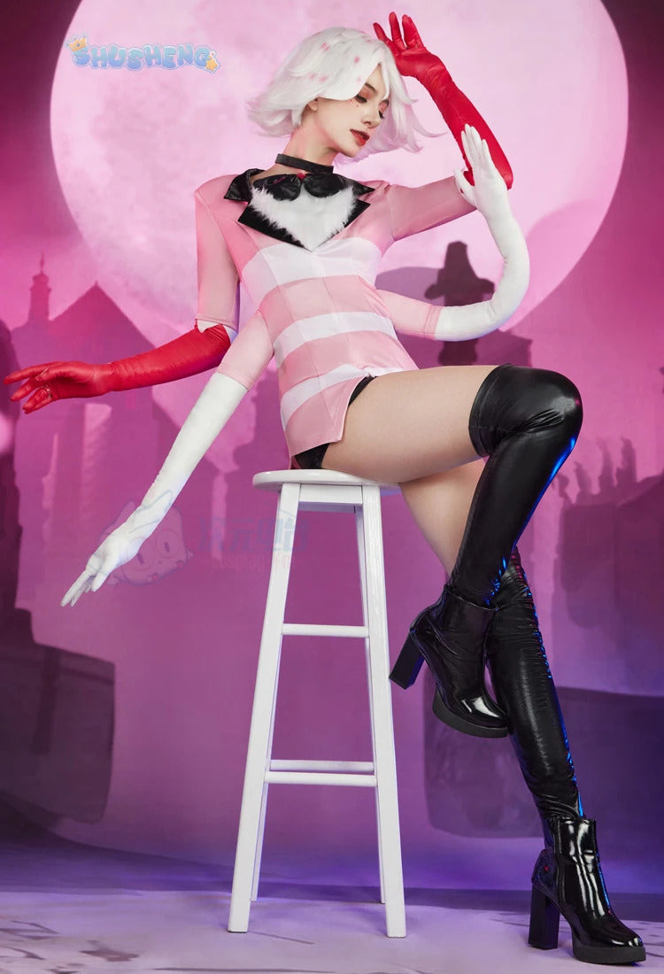 Angel Dust Cosplay Fantasy Wigs Cartoon Hell Inn Disguise Costume Gloves Bow Tie Pink Outfit Women Halloween Roleplay